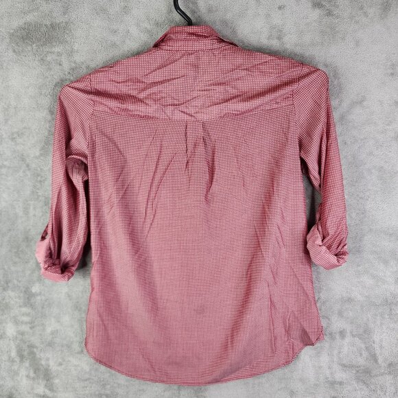 Womens Express Red Polka Dot Blouse Top Button-Up Roll Tab Sleeve Size M - Picture 8 of 11
